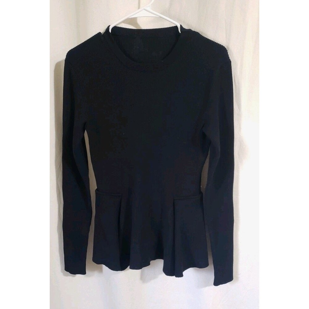 Max Mara Women Large Black Ribbed Knit Peplum Top Jewel Back Detail Quiet Luxury